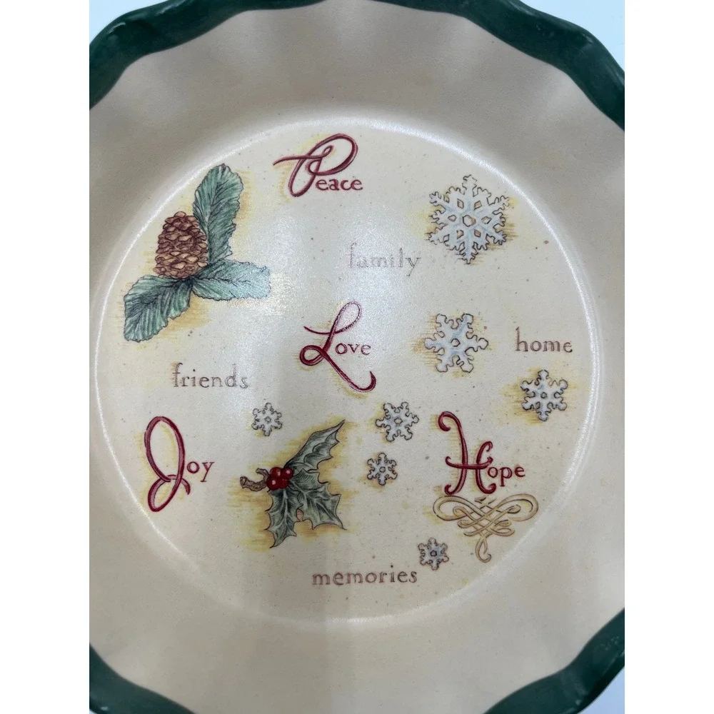 Russ Berrie Christmas Ceramic Pie Dish Scalloped Green Rim‎ Holiday Peace Joy